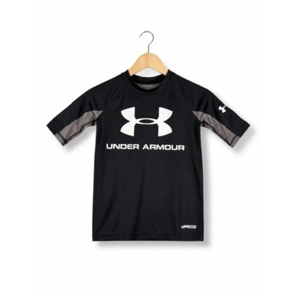 Under‎ Armour Boys HeatGear UPF 50+ Rash Guard Swim Shirt Black Gray YSM New